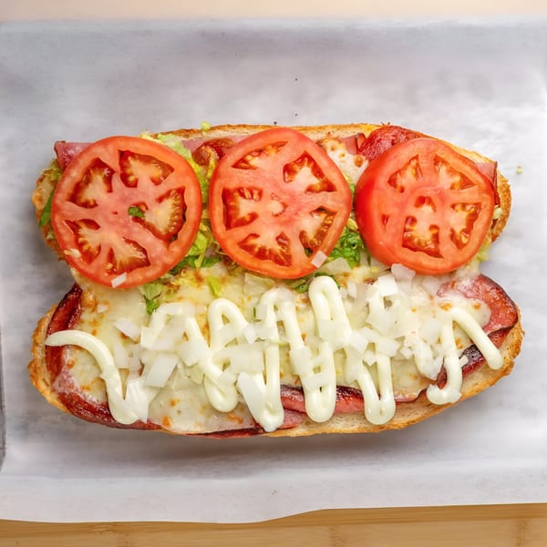 Open-faced Cameo at the Fieldhouse pizza sub with pepperoni, cheese, tomatoes, lettuce, onions, and mayo.